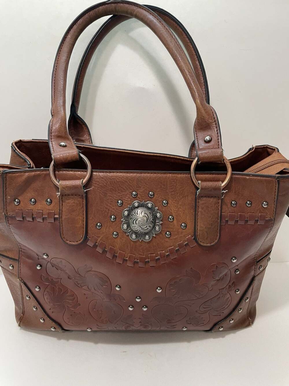 Lavawa Western Tooled Embossed Satchel Handbag Studded Boho Cowgirl READ